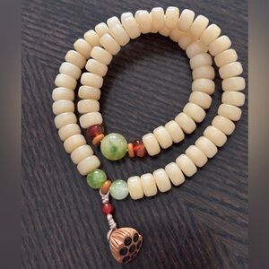 Semi Precious Cream Beaded Bracelet with Green Accents